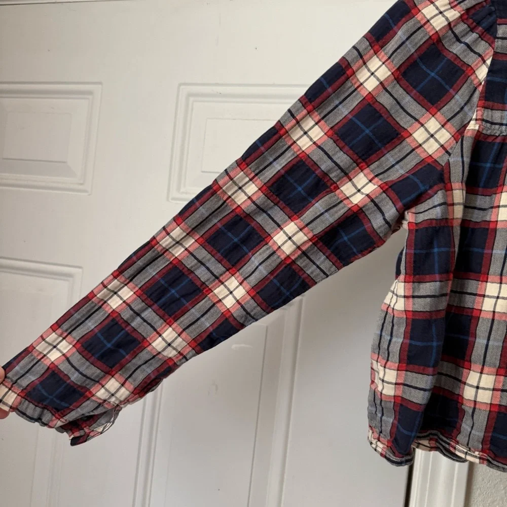 TOIT VOLANT navy red‎ ivory plaid babydoll long sleeve cropped boxy blouse shirt